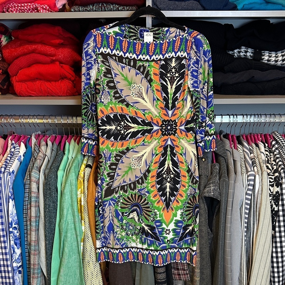 Ali Ro blue/multicolored 3/4 sleeve boat neck dress size 2